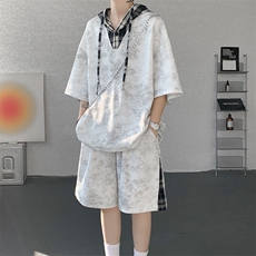 TZ788-特P58控98夏连帽格子撞色扎染冰感冰丝大码短袖短裤套装，男装休闲套装，电商A059