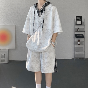 TZ788-特P58 控98 夏 连帽格子撞色扎染冰感冰丝大码短袖短裤套装图片