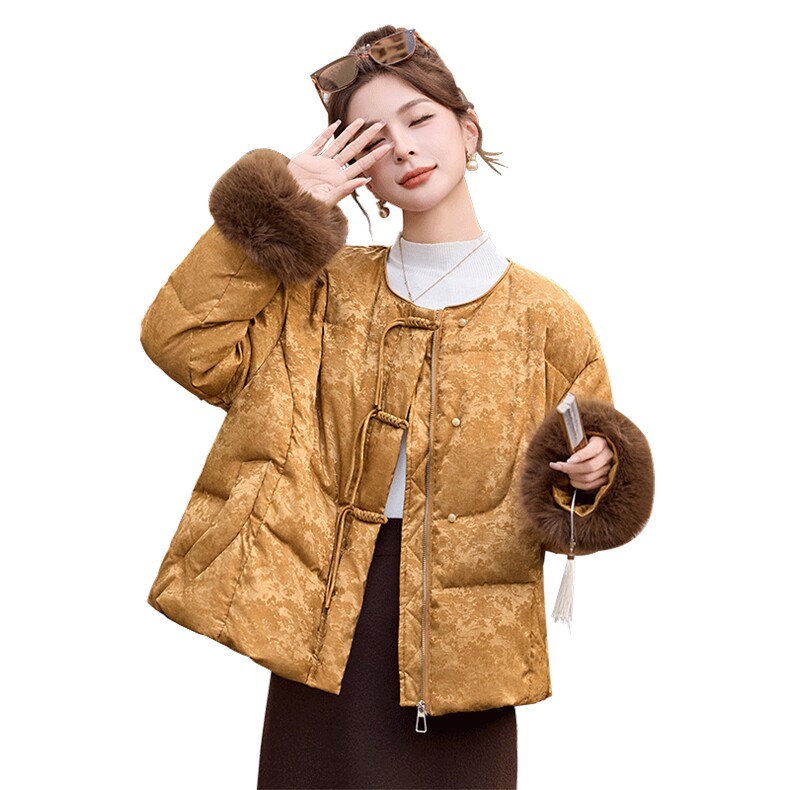 新中式g风提花羽绒服女仿真狐狸毛冬季新款时尚90白鸭绒短款外套,女装羽绒服,姿衣坊