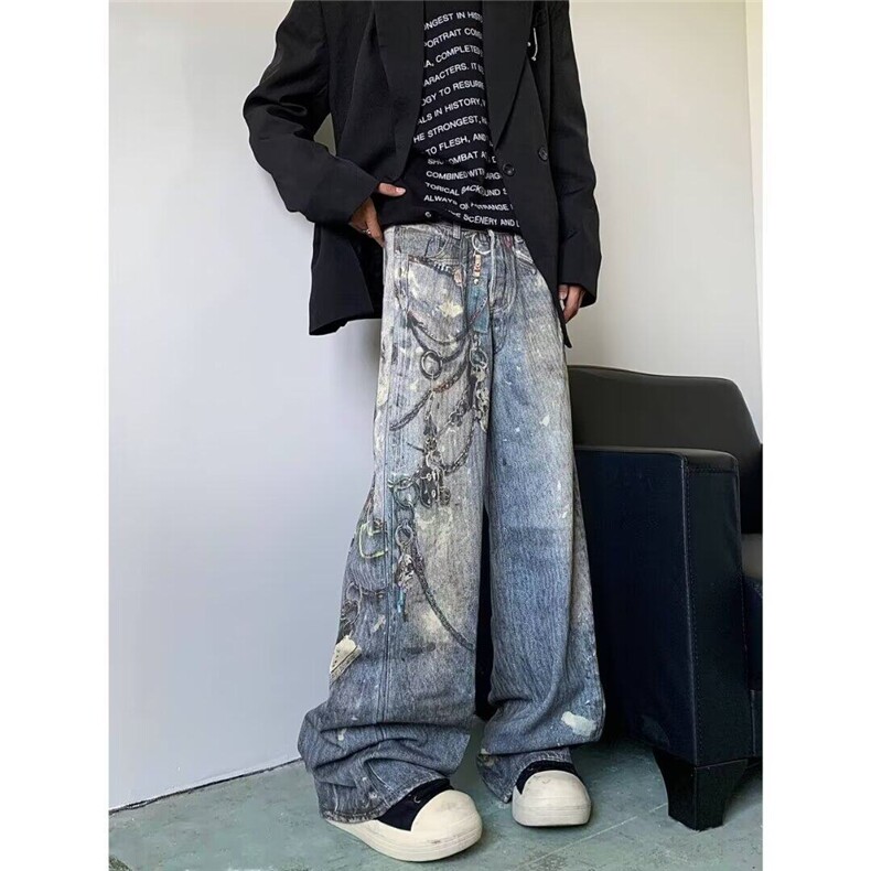 D7788-特P70印花链条做旧牛仔裤男秋季街头痞帅废土风泼墨阔腿裤，男装牛仔裤，星座603-2