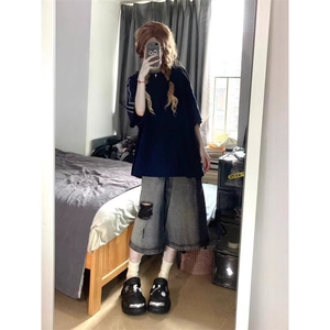 D5553-P45破洞牛仔短裤男女撞色网红超火炸街六分裤-网图现货图片