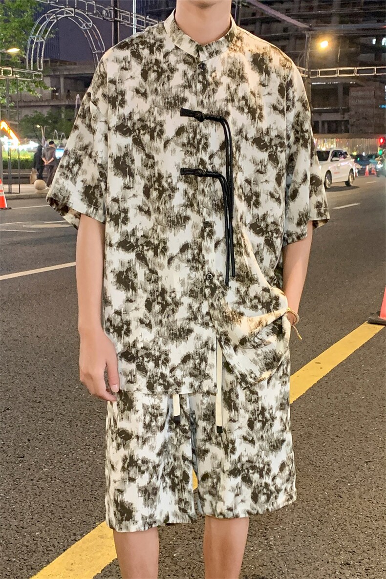 2025夏季新中式冰丝垂感花衬衣宽松休闲五分套装男TZ666-P58控78,男装休闲套装,电商C305A