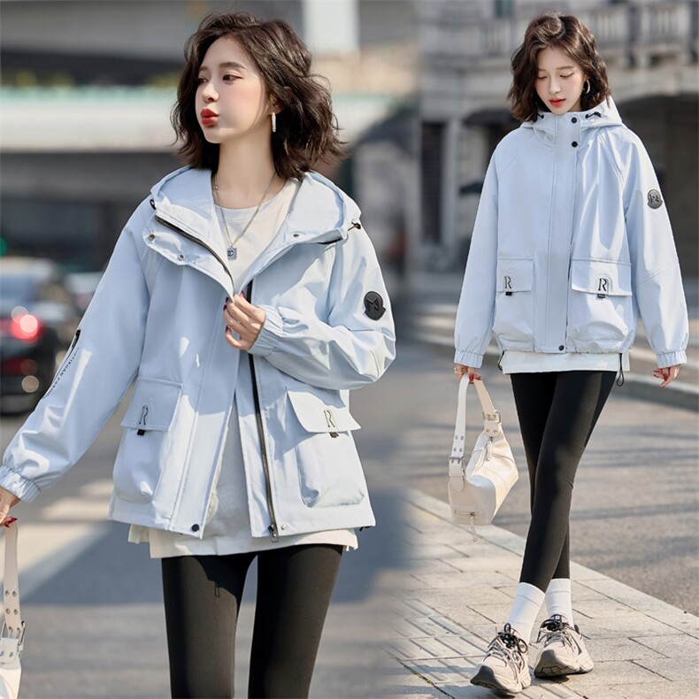 休闲连帽风衣外套女2025春秋新款韩版宽松显瘦气质百搭短夹克上衣，女装风衣，慕依路