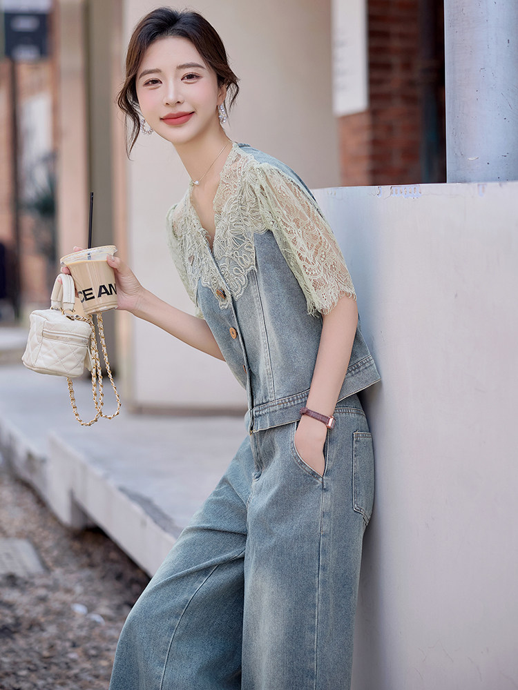 小香风蕾丝套装女2025夏日新款小个子时尚巨好看天丝牛仔两件套裤,女装套装/套裙,仟媚宠