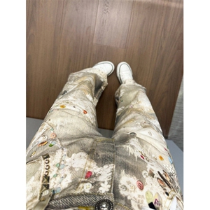 【有货】N1065CC-特P60 美式复古涂鸦印花破洞牛仔裤男女图片