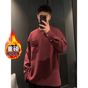 WY866R-P65 秋季潮牌纯色圆领卫衣男美式复古加绒加厚宽松百搭图片