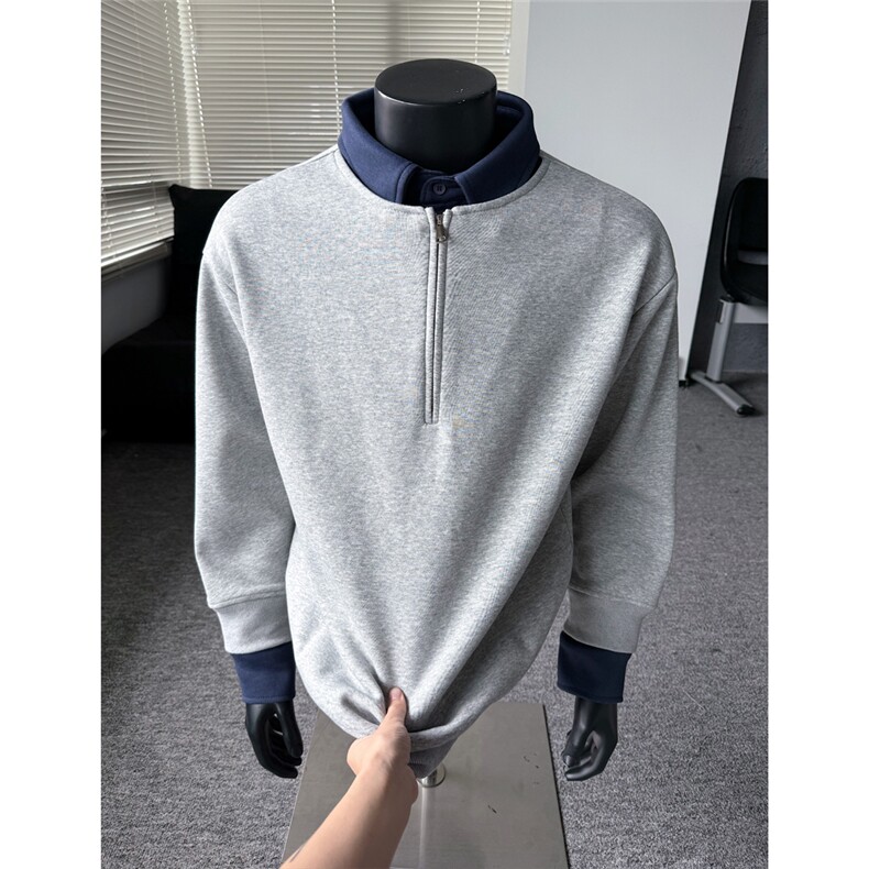 撞色衬衫领假两件设计cleanfit宽松半拉链秋季卫衣外套男P53，男装衬衫，电商C306-1