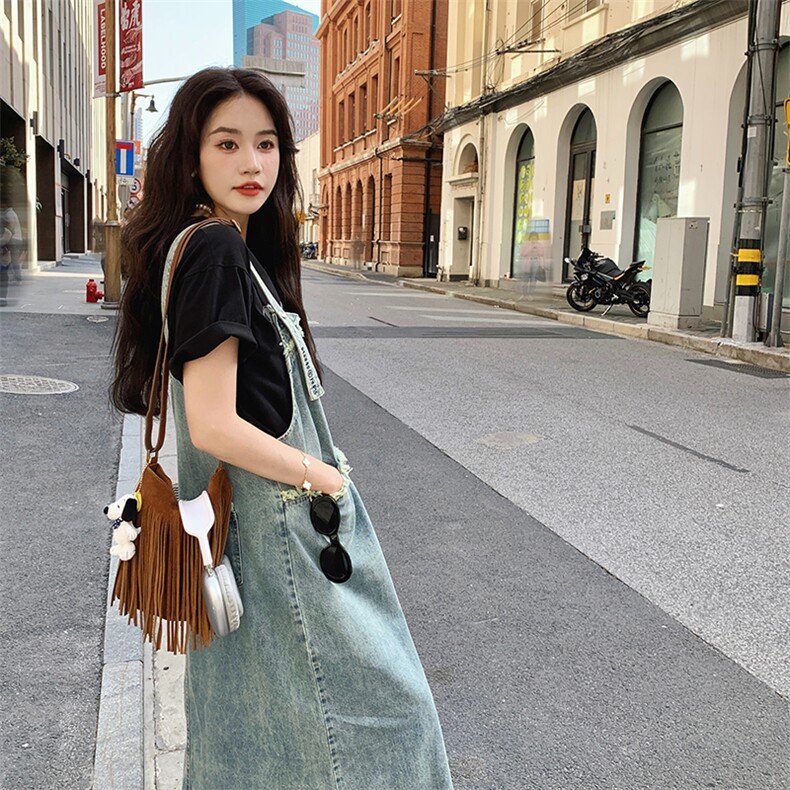 法式复古牛仔背带裙女2025夏季新款高级感时尚休闲百搭流苏连衣裙,女装连衣裙,2C029