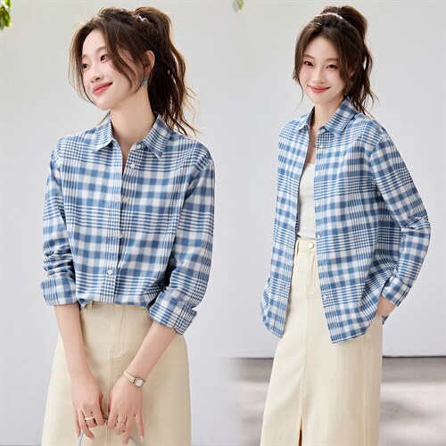 2026春夏新款蓝白格纹衬衫女学院风宽松慵懒风叠穿衬衣透气纯棉，女装衬衫，艾米