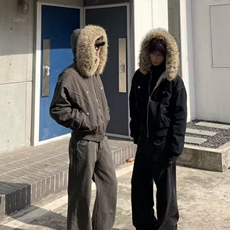 潮牌情侣派克服短款羽绒棉服仿兔毛大毛领连帽棉衣冬外套美式复古，男装棉衣，星座218-8
