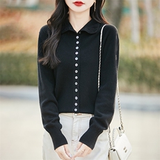 半高领100%纯羊毛开衫女春秋排扣长袖针织毛衣宽松羊绒衫外套上衣，女装羊毛衫，蒙特羊绒