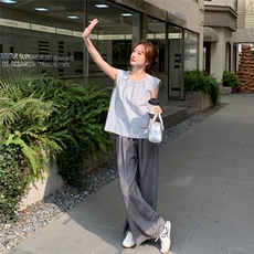 条纹飞袖上衣休闲裤套装2025新款女夏季韩系高级感流行ootd一整套，女装套装/套裙，2C258