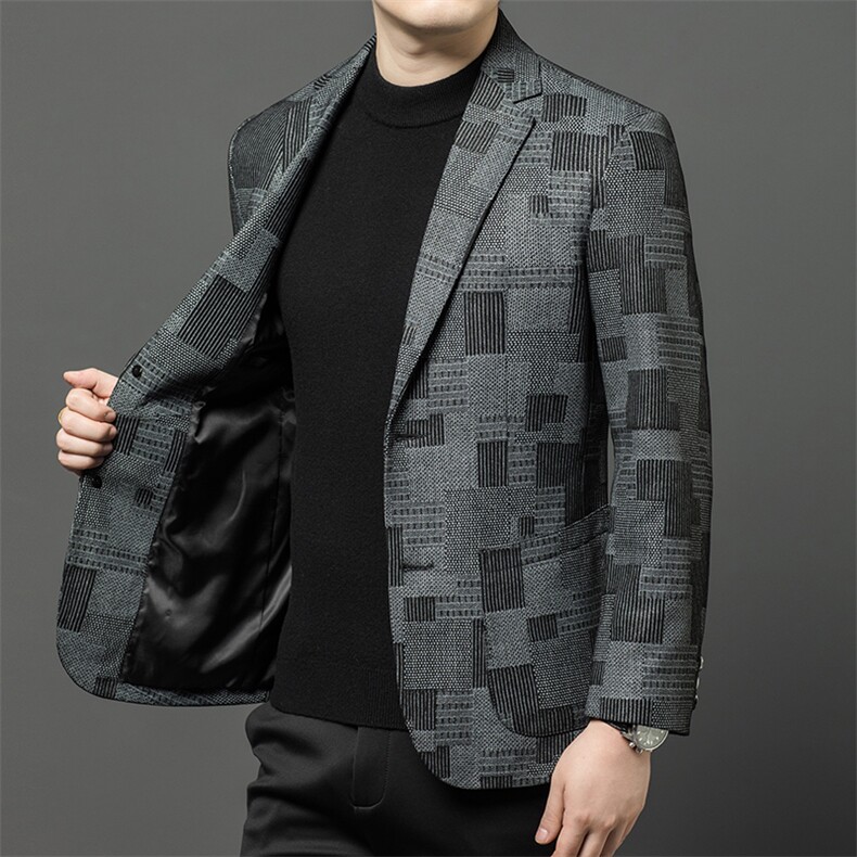 春秋款男士真皮皮衣印花西服色块商务休闲外套中年爸爸装男装,男装西服,电商B360A（原721A）
