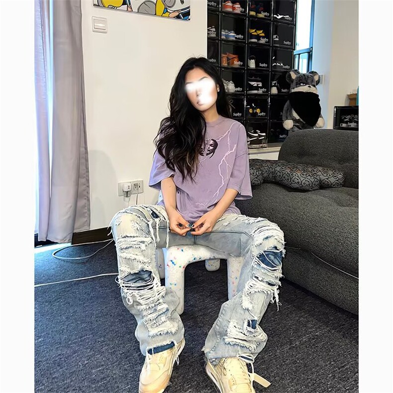 2026美式高街大破洞牛仔裤男女阔腿直筒裤乞丐裤子K70456-P45网图图片