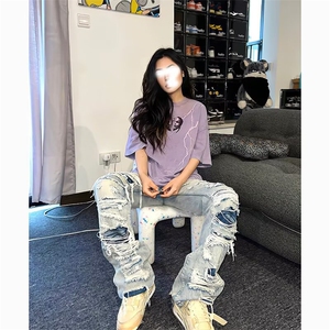 2026美式高街大破洞牛仔裤男女阔腿直筒裤乞丐裤子K70456-P45网图图片