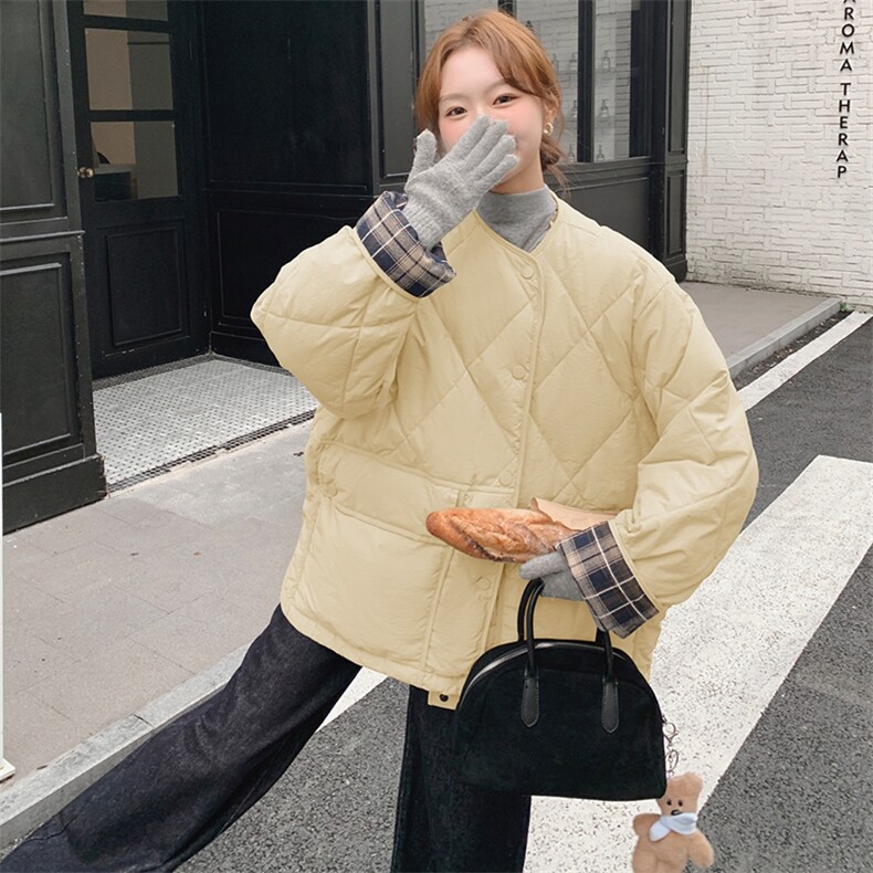 韩版时尚拼格纹轻薄款羽绒服女2025年冬季新款显瘦加厚白鸭绒外套,女装羽绒服,浙宝305