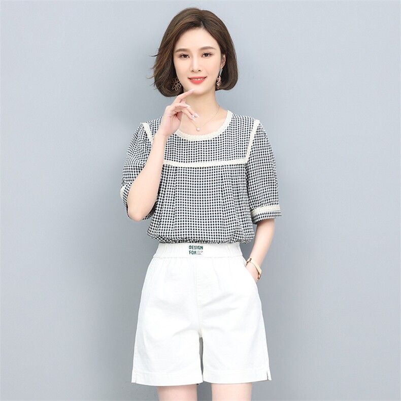 短裤套装夏季女2024新款宽松显瘦格子上衣洋气减龄时尚两件套图片
