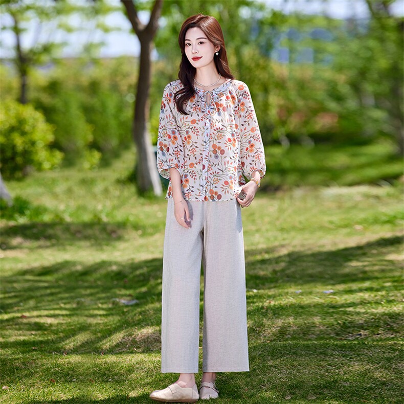 时尚休闲气质衬衫套装女2025夏新款宽松减龄显瘦亚麻阔腿裤两件套,女装套装/套裙,靓衣阁