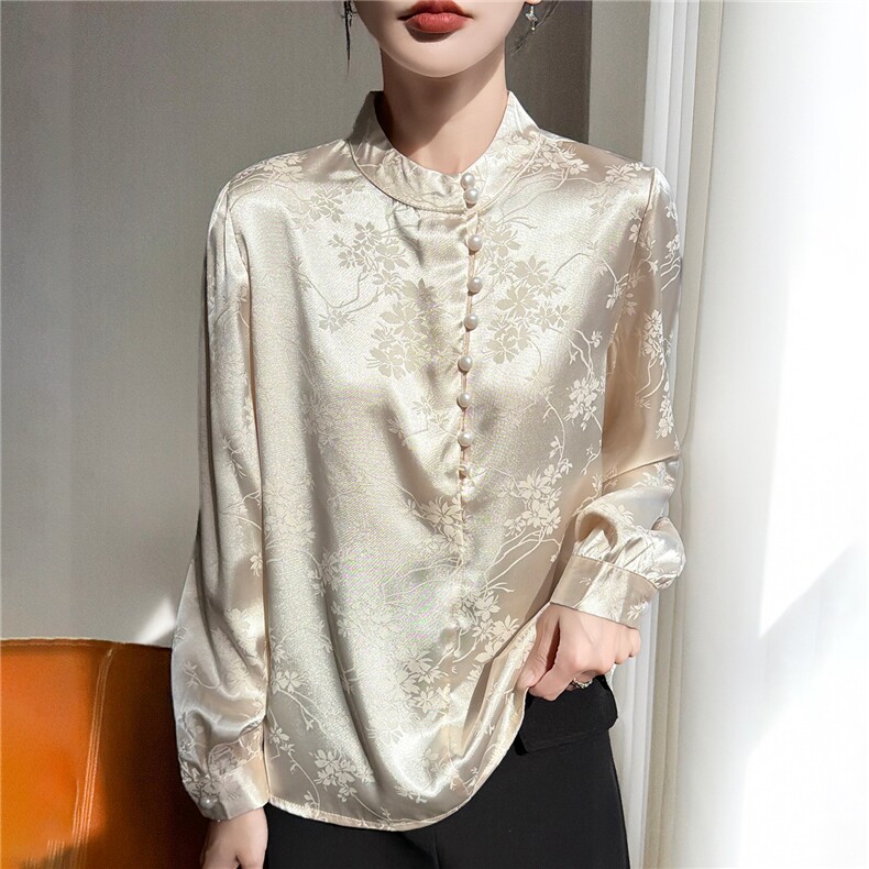 缎面提花立领小衫长袖女百搭2026年夏季,女装衬衫,圣丽羊绒