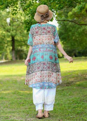 现货2021新款民族风文艺复古印花宽松舒适苎麻短袖中长，女装，美诗欧 Missorly