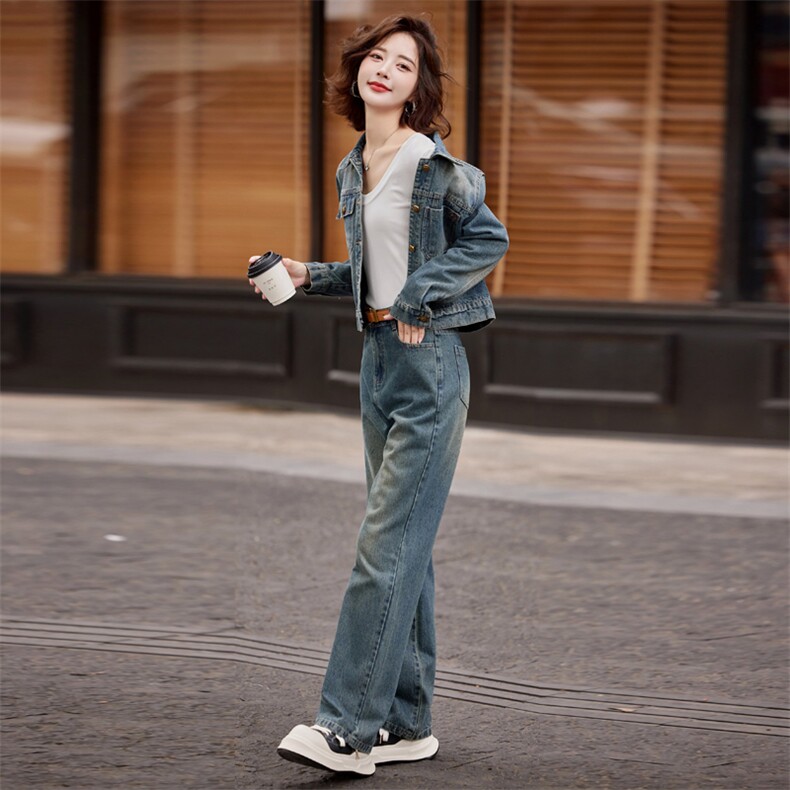 早春牛仔套装女2025新款时尚洋气减龄时髦今年流行复古长裤两件套,女装套装/套裙,意芙