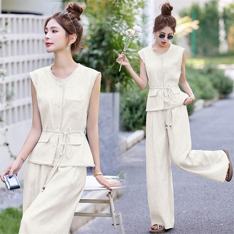 毛边蓝色无袖马甲阔腿裤套装女夏2025新款大方得体流行两件套通勤，女装套装/套裙，朵莱米