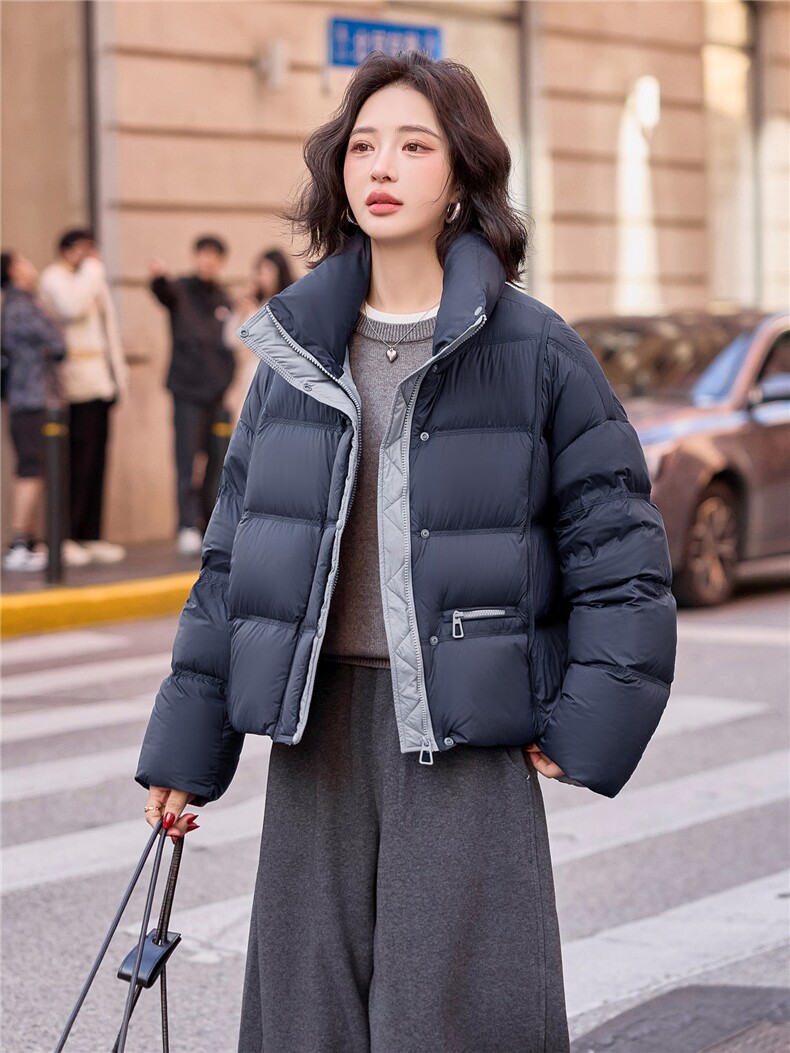 现货新款藏青色短款羽绒服女2025休闲宽松冬装外套,女装羽绒服,梦懿尔