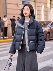 现货新款藏青色短款羽绒服女2025休闲宽松冬装外套图片