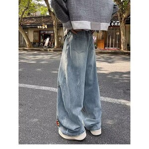 港风秋款男女牛仔裤刺绣涂鸦拼接宽松阔腿长裤送腰带NK512 P55图片