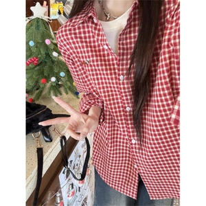 腊肠小狗格子衬衫刺绣衬衣新款宽松休闲百搭长袖外套上衣 CYC56图片