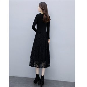 2023秋季新款V领针织3颗扣线衣配蕾丝长款打底连衣裙，女装连衣裙，安之芮娜