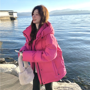 玫红色羽绒服2025新款白鸭绒炸街外套连帽面包服宽松加厚女小个子图片