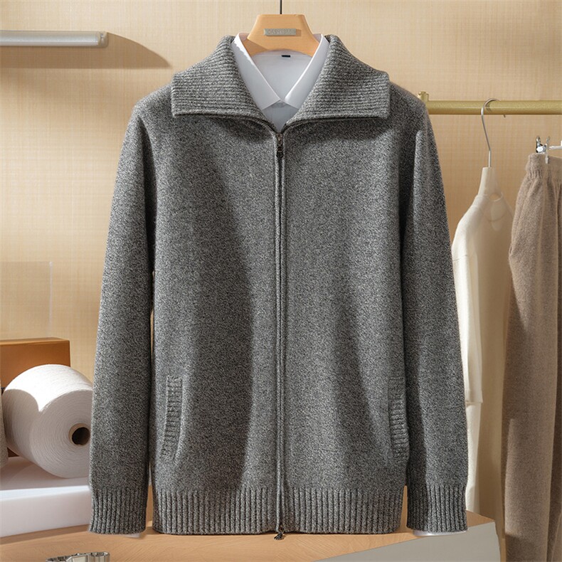 2025秋冬百搭时尚简约三股加厚花纱翻领拉链开衫，男装羊绒套衫，澳坤羊绒