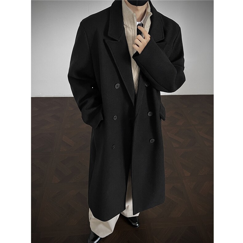 韩系毛呢大衣西装领垫肩男风衣冬季加厚过膝长款英伦大衣外套，男装风衣，电商A430（原星座702）