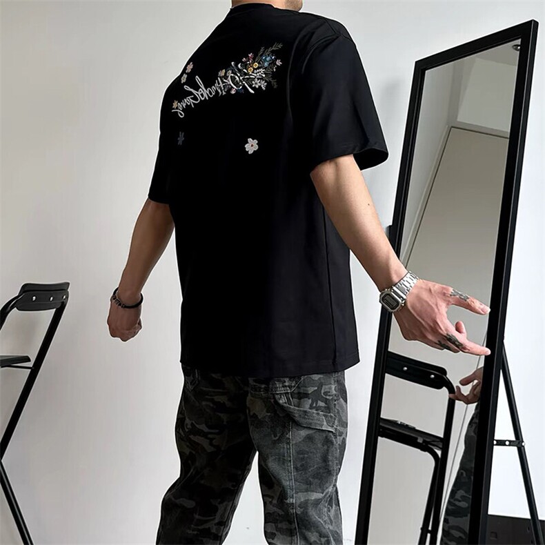 万针全刺绣工艺抖音得物高品质260克重磅纯棉双纱美式高街短袖T恤,男装T恤,电商A486