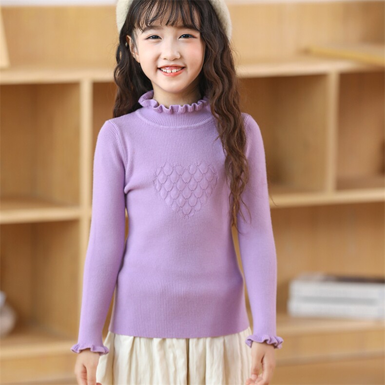 儿童木耳边抽条针织衫秋冬保暖休闲女童毛衣甜美可爱长袖打底衫，童装毛衣，绒颖羊绒