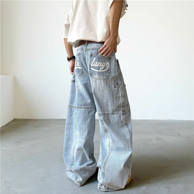 阔腿牛仔裤男款2025夏季新款美式印花弯刀裤宽松痞帅直筒长裤子，男装牛仔裤，电商A306-2