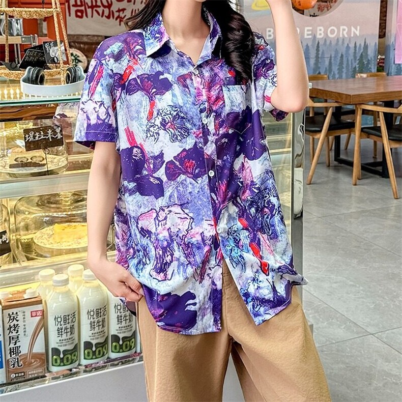 复古女画花朵小众慵懒风潮ins休闲百搭艺术感短袖衬衫CS126/P30，女装衬衫，星座506