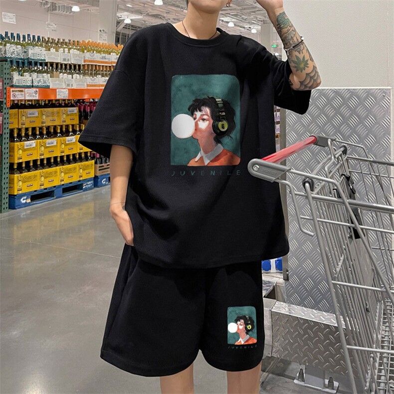 ！2025夏季新款男士华夫格短袖短裤套装学生一套HTZ78P50,男装T恤,电商B220