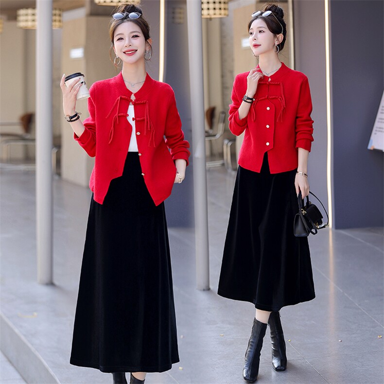 《现货新品》简约舒适个性流苏针织开衫短外套两件套套裙，女装套装/套裙，歌伊格美