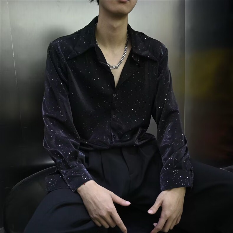 【现货】DC162-批35新款韩版潮流个性烫钻衬衫男长袖宽松百搭衬衣图片