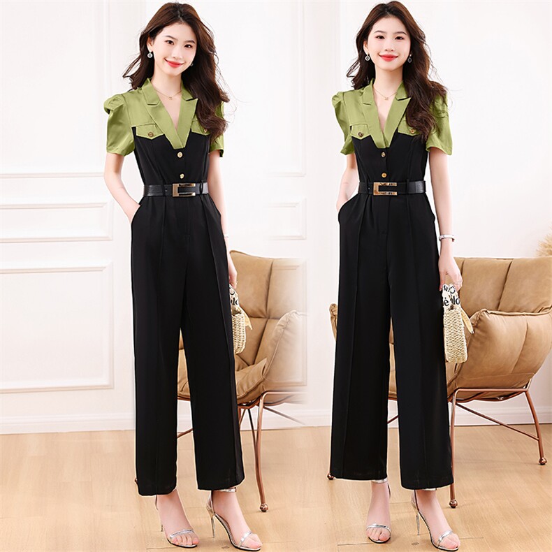 短袖连体裤女2023夏季新款韩版连体衣裤显瘦高腰拼接工装裤潮，女装连体裤，米雪儿