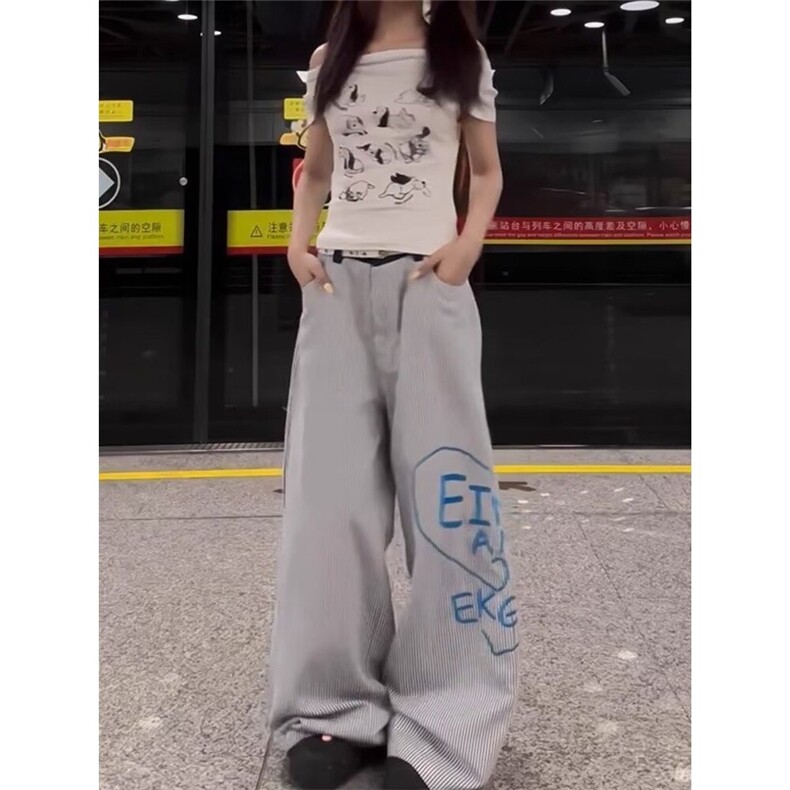 美式条纹工装裤男女秋季新款弯刀休闲运动裤垂感拖地宽松阔腿裤,男装工装外套,星座506A