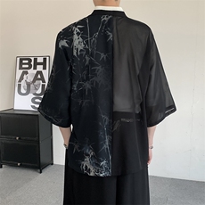 24夏装风飘逸新中式竹子印花汉服元素衬衫和服开衫和服道袍拼接，男装衬衫，星座909