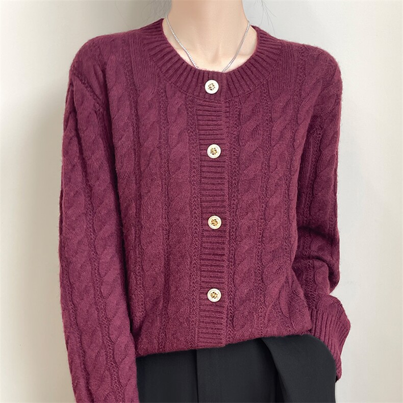 高级感山羊绒开衫女圆领镂空扭花针织外套毛衣长袖宽松羊毛衫上衣，女装羊绒衫，琳华羊绒