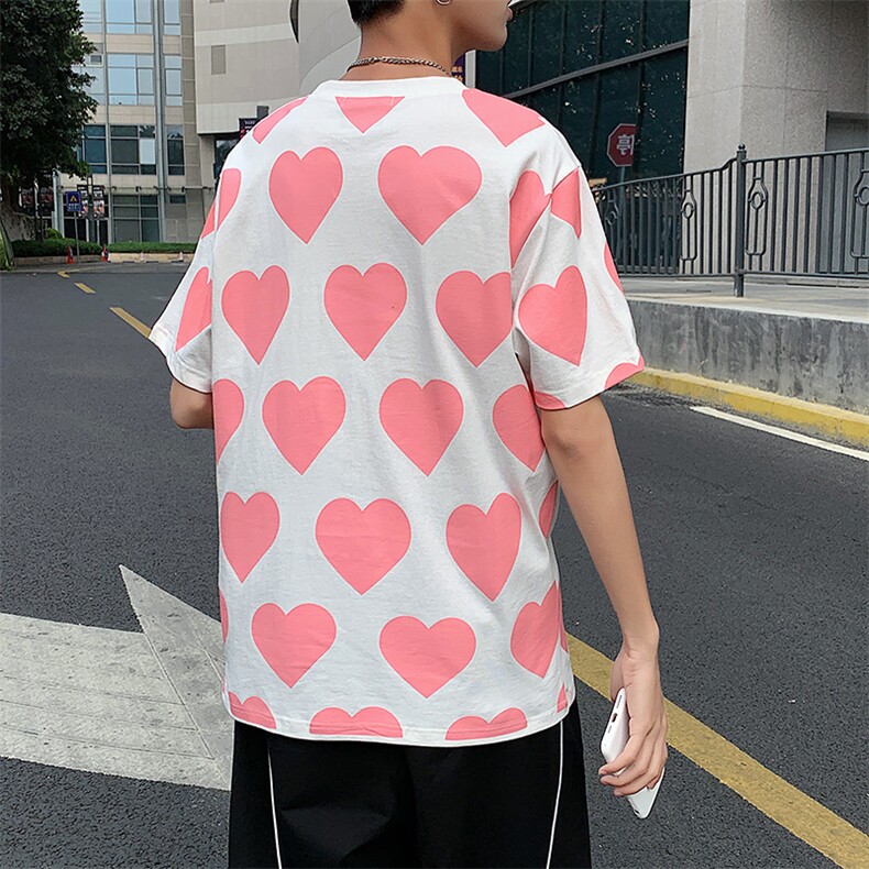 港风新款全身爱心短袖T恤男夏季学生纯棉宽松半袖体恤T127P35控49,男装T恤,电商A089-1