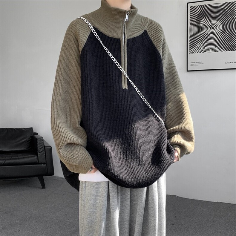 8XL-M撞色半拉链毛衣宽松慵懒风插肩袖大码针织衫外套MY1513/P75,男装针织衫/毛衣,电商B238