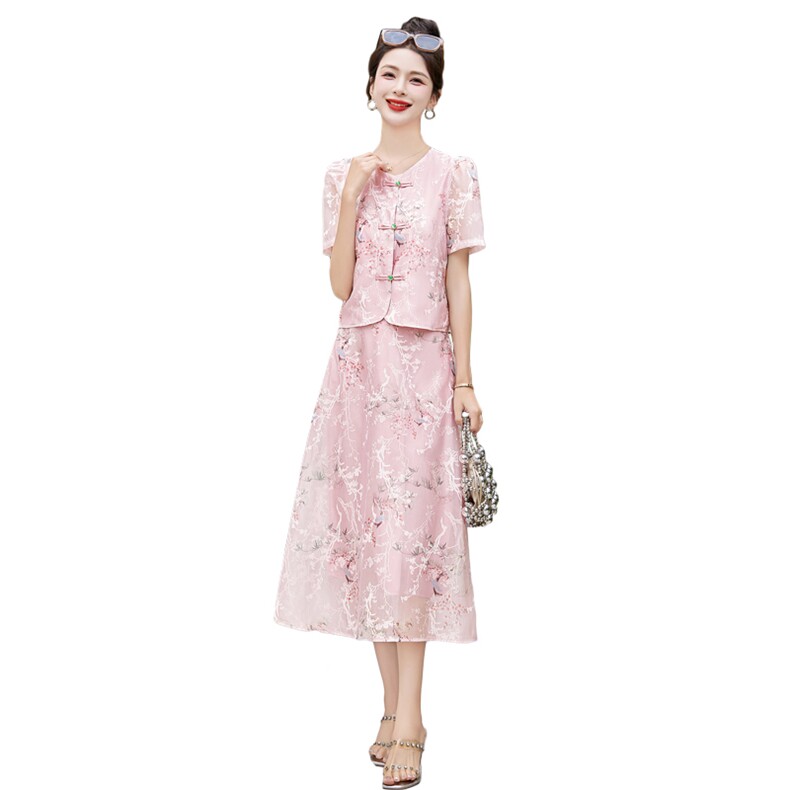 新中式国风套装2024夏季新款高级感妈妈气质绿色短袖半身裙两件套,女装套装/套裙,牡丹诺