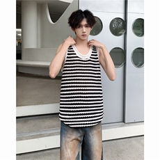 夏款男T恤背心镂空针织衫条纹汗衫无袖T恤衫BX9522P35，男装背心/马甲，星座1013-1