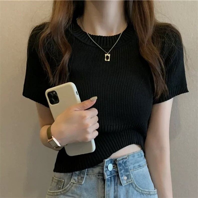 韩版夏季短款独特超好看纯色纯棉针织衫短袖T恤小上衣打底女,女装T恤,朝辰羊绒